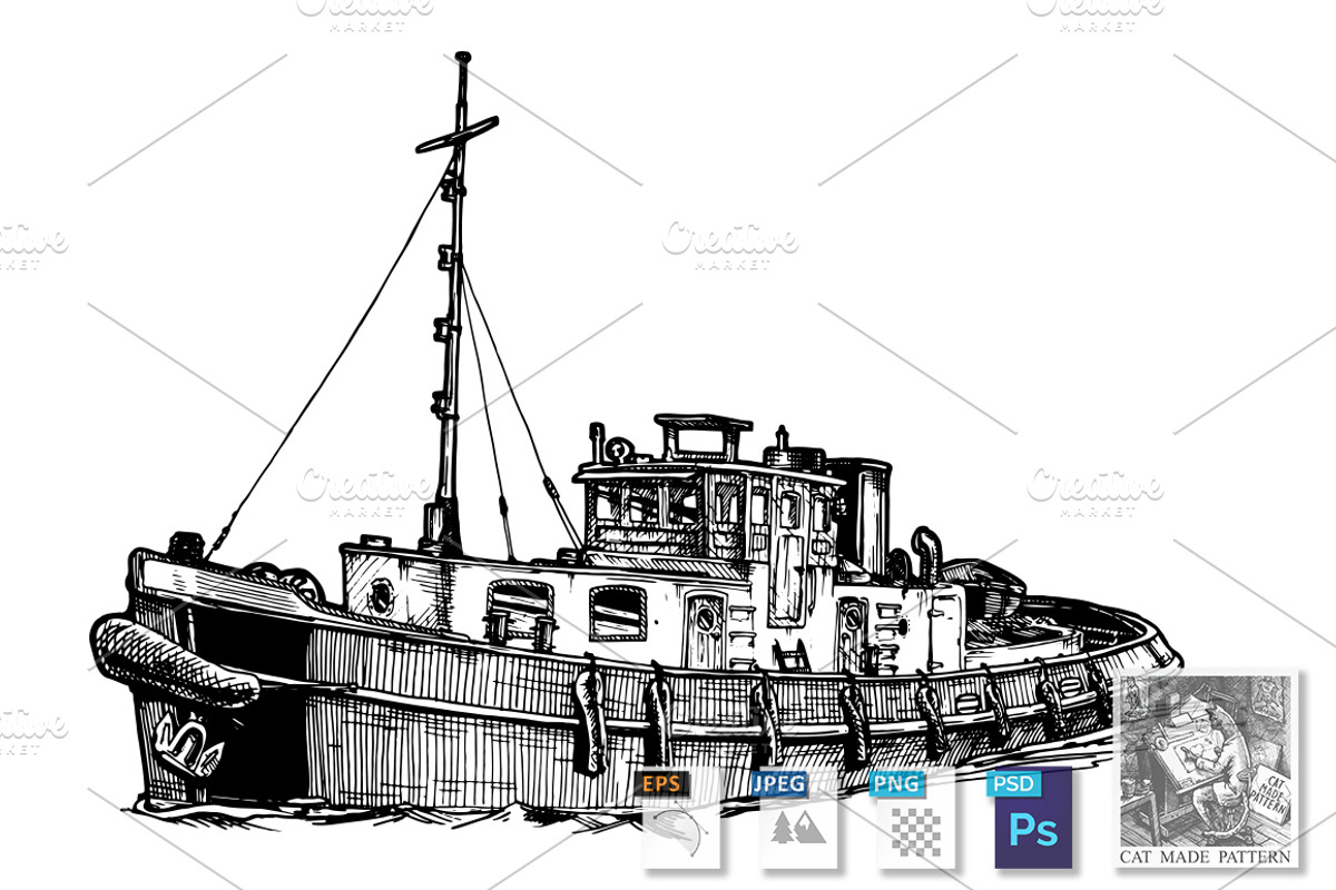 Small motor ship, a Transportation Illustration by CatMadePattern
