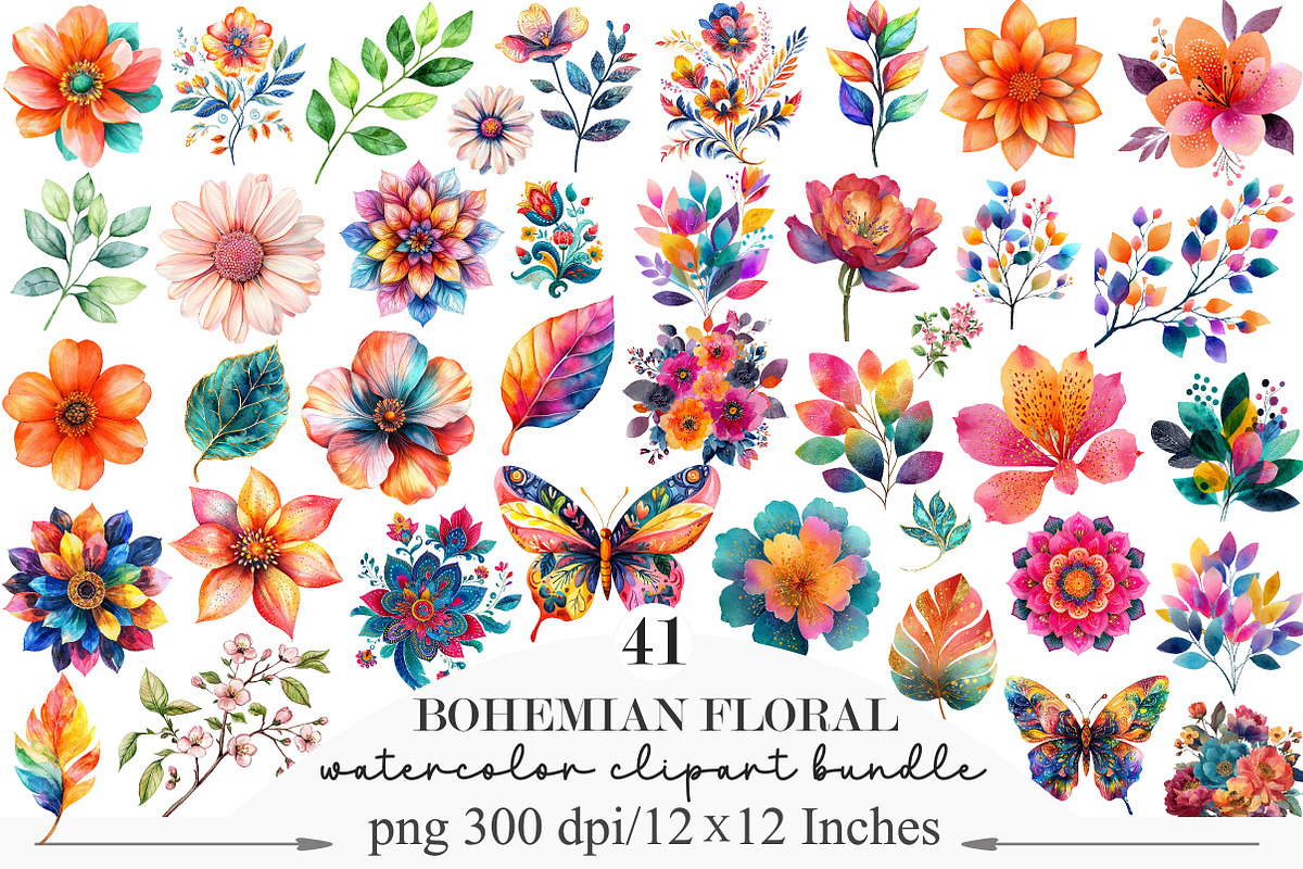 Bohemian Floral Clipart PNG, an Illustration by Designking (Photo 1 of 5)