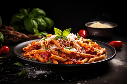 Penne pasta with tomato sauce, parme, a Photo by Iftikhar Alam