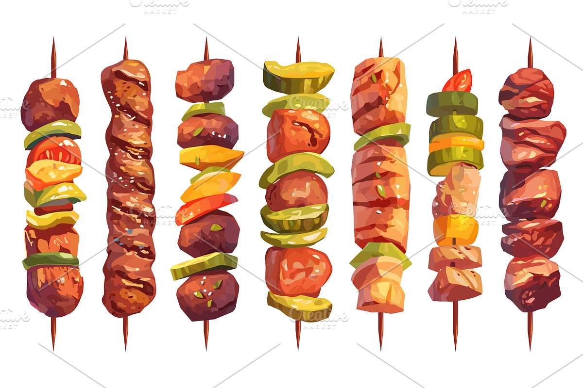 Set of cartoon kebabs, grilled meat, a Food Illustration by LadadikArt