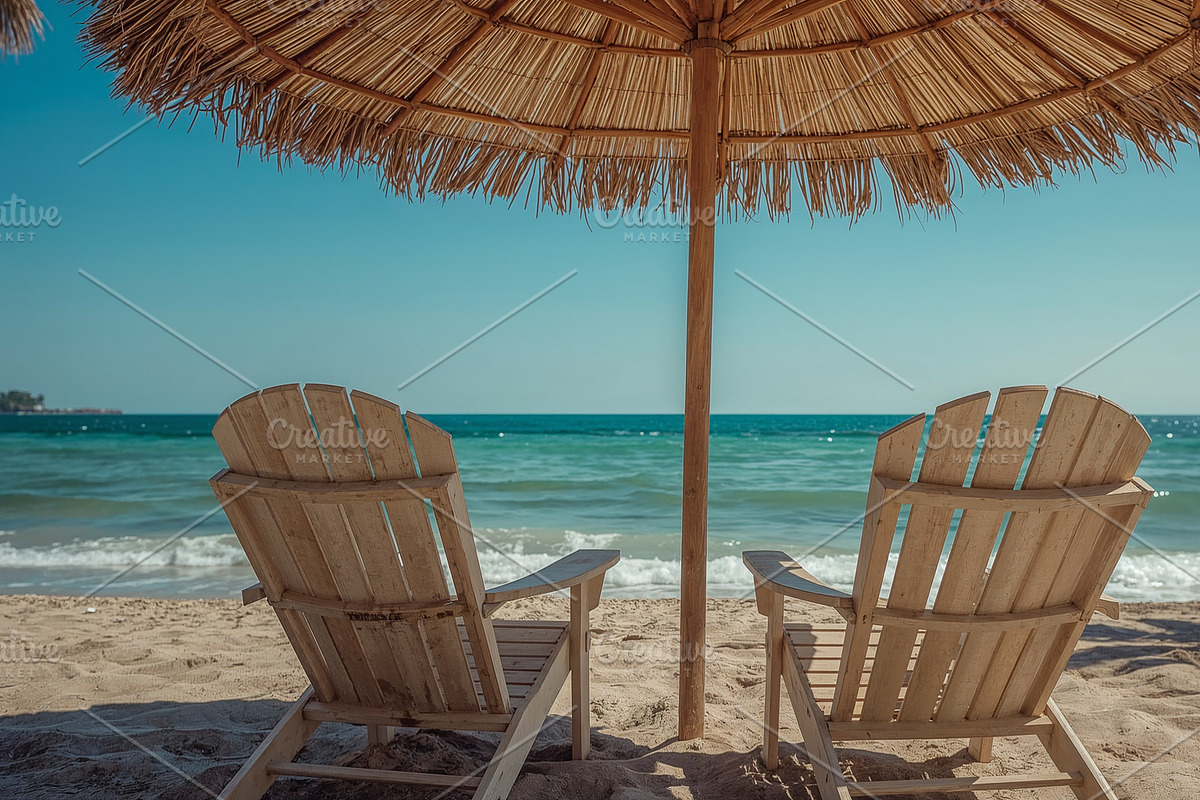 Featuring two wooden lounge chairs, an Illustration by wavebreak