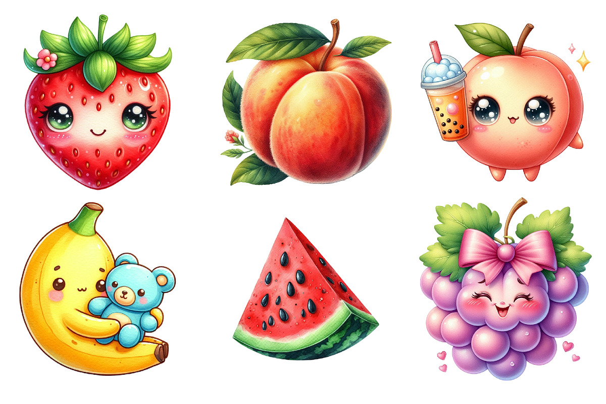Cute Fruit Clipart,Kawaii Fruits PNG, an Illustration by SinaCreation (Photo 2 of 5)