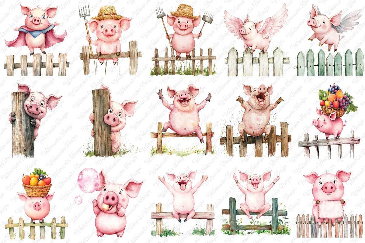 Funny Pig on Fence Clipart, an Illustration by Watercolor design (Photo 2 of 12)