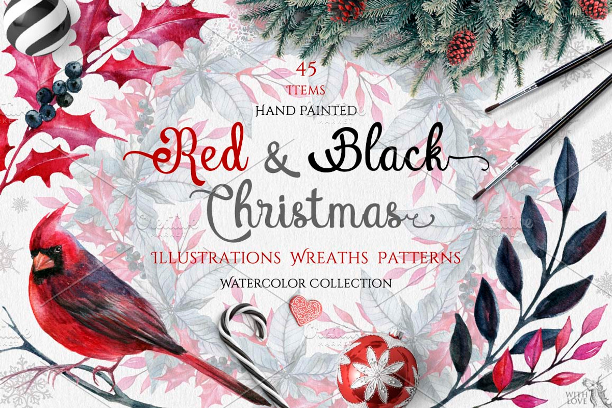 Watercolor Red & Black Christmas Set, an Illustration by Fluffy Unicorn (Photo 1 of 6)