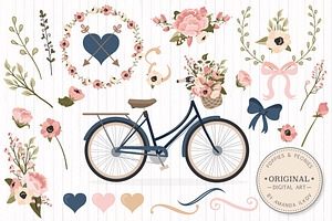 Navy & Blush Floral Bicycle & Extras, an Illustration by Amanda Ilkov
