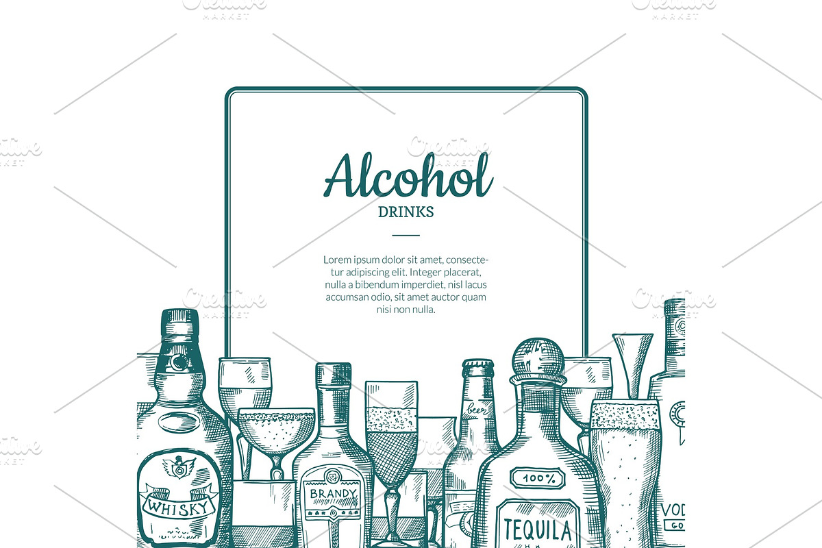 Vector hand drawn alcohol drink bottles and glasses frame with place ...