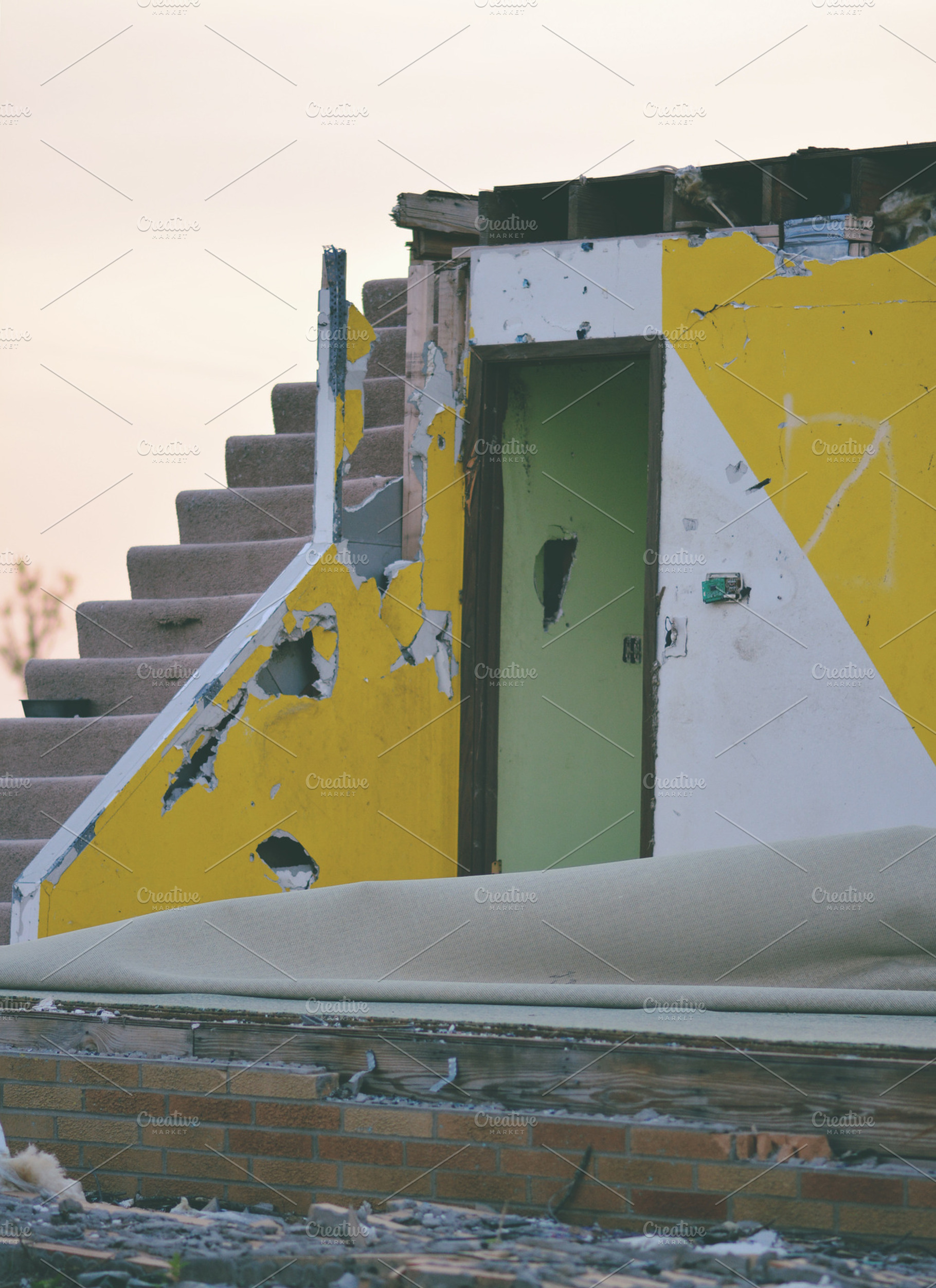 Stairs featuring destruction, house, and stairs