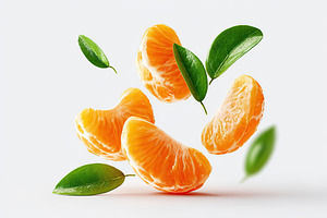 Fresh tangerine slices with green leaves floating against a clean white backgro, a Food & Drink Photo by AlyaAnd