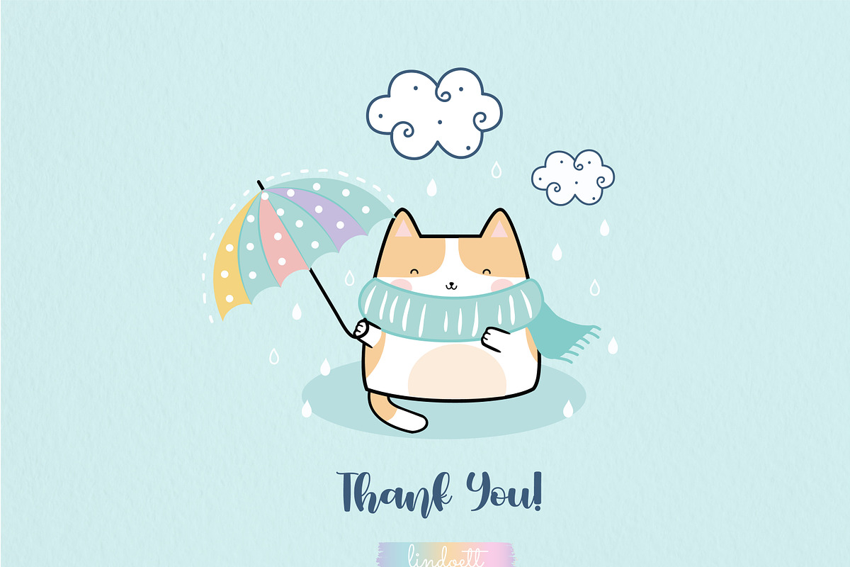 Kawaii Cat in the Rain Digital Paper, a Pattern Graphic by lindoet23 (Photo 7 of 7)