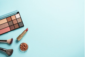 Beauty products on blue background., a Beauty & Fashion Photo by Nadia-nb