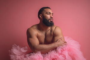 Man in pink skirt indoors, a Photo by Beautiful things