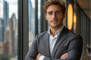 A confident young Hispanic man poses in a stylish office, showcasing a modern u, a Person Photo by ImageMir