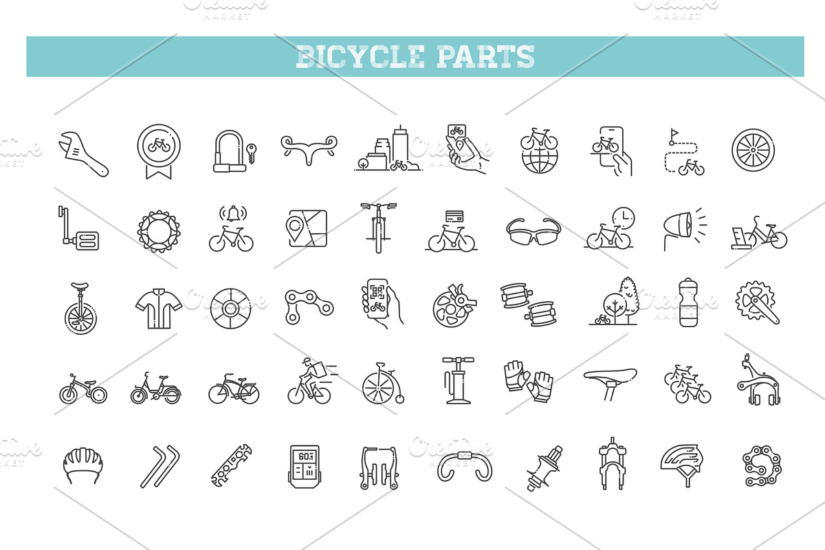 Cycling equipment icons set, an Outline Icon by Tettygreen (Photo 1 of 2)
