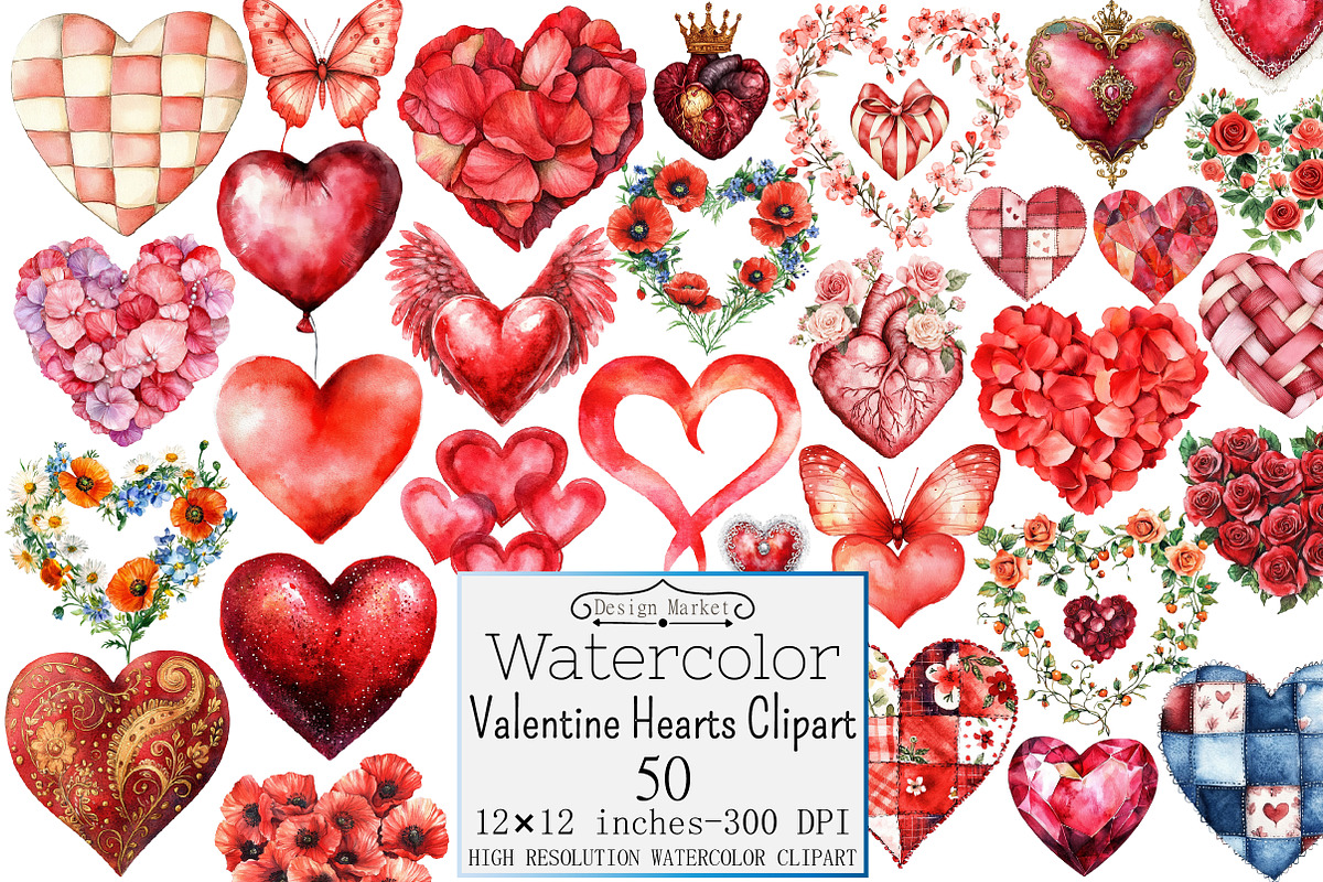 Watercolor Valentine Hearts Clipart, a Seasonal Illustration by Design Market (Photo 1 of 5)