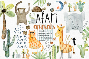 Watercolor safari clipart. Alphabet.