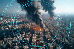 Drone surveillance captures devastation in evacuated city during conflict, a Photo by AlyaAnd