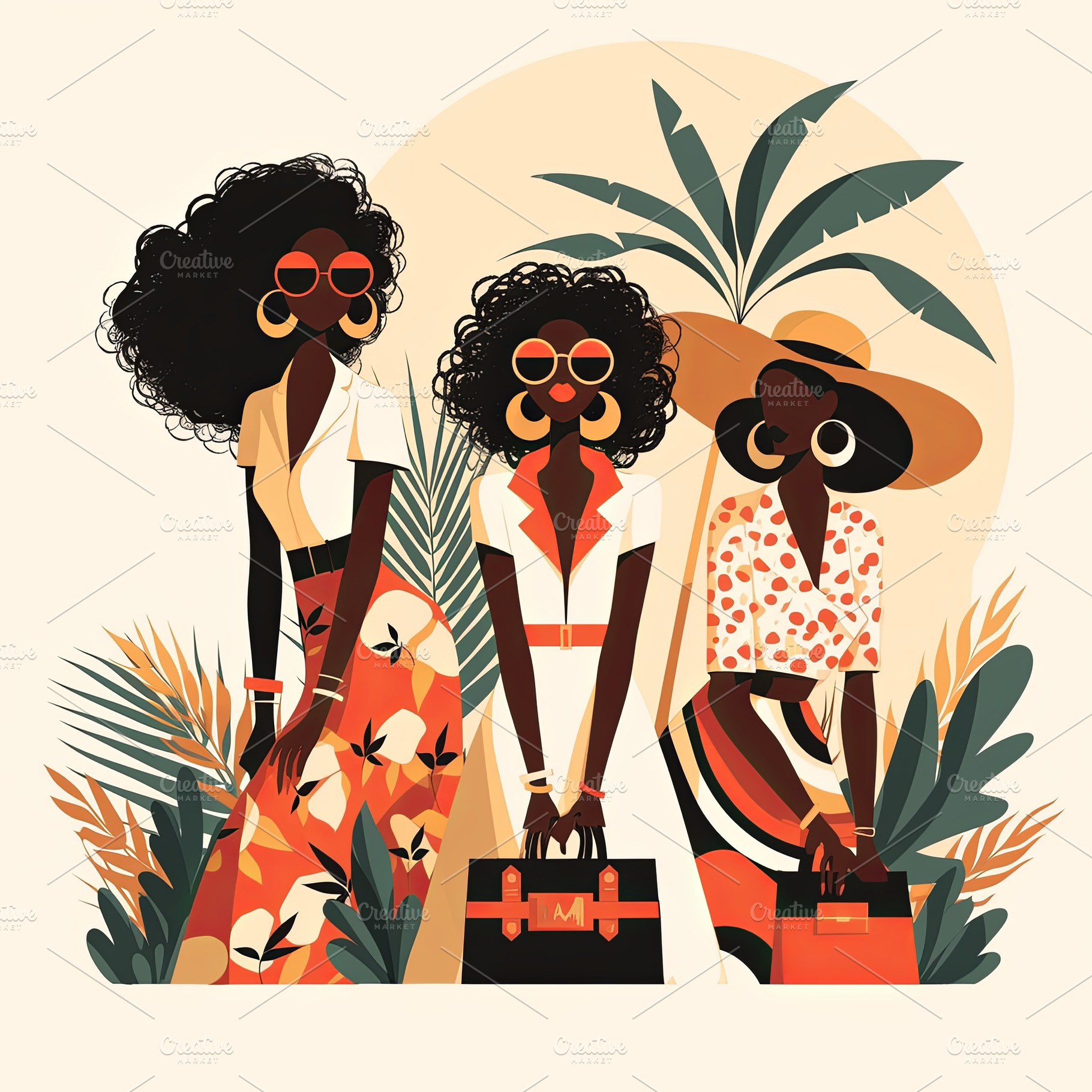 Stylish African Women Posing in Vibrant Fashion Amidst Tropical Background, a Photo by AS photostudio