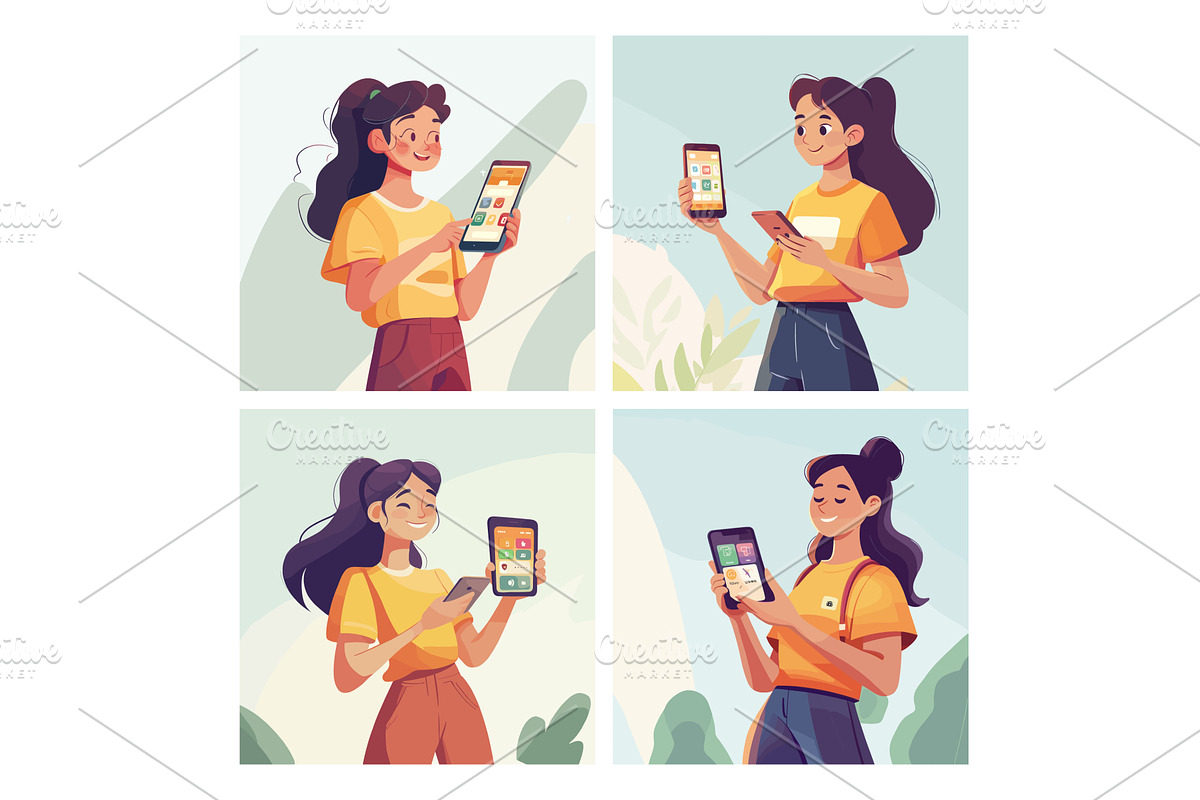 Woman showing phone. Teen girl hold, a Person Illustration by Stock-Smart-Start