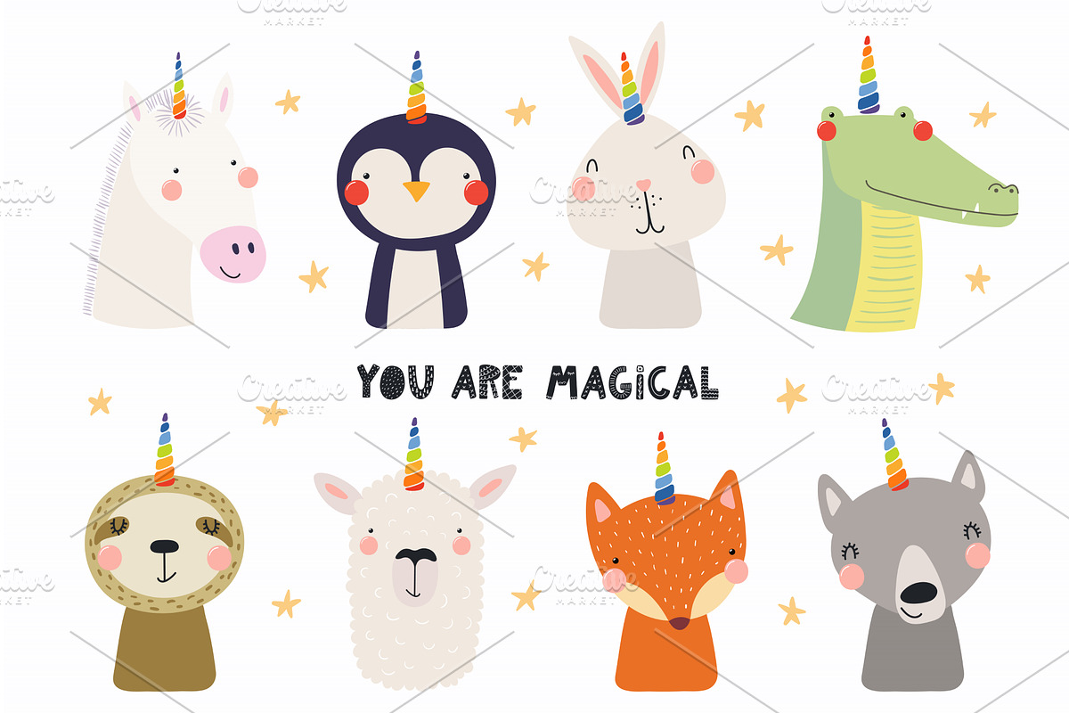 Cute animals with unicorn horn set, an Animal Illustration by sceptical cactus