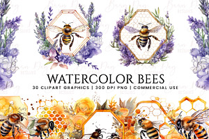 Watercolor Bees Clipart Bundle