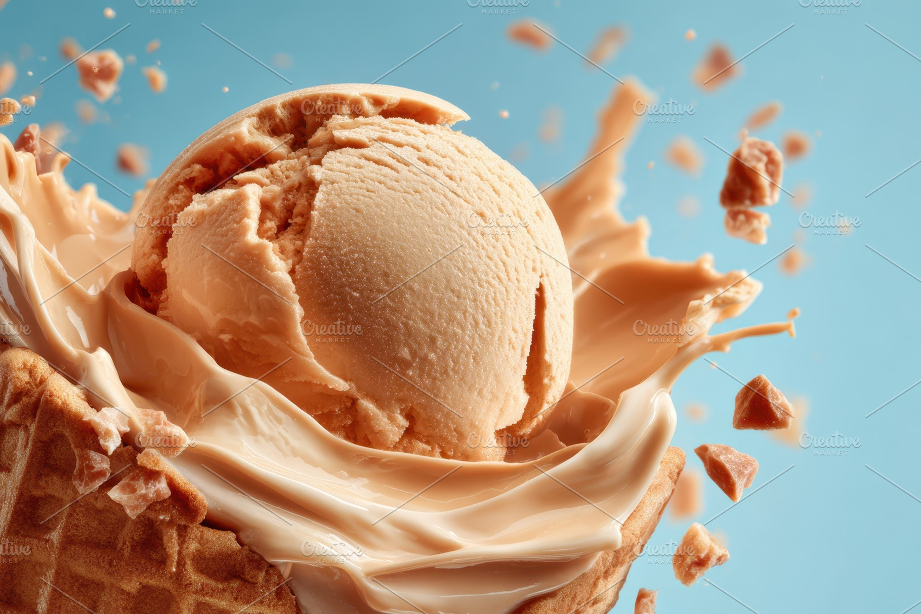 Caramel ice cream scoop in waffle cone with creamy splash, a Food & Drink Photo by AlyaAnd
