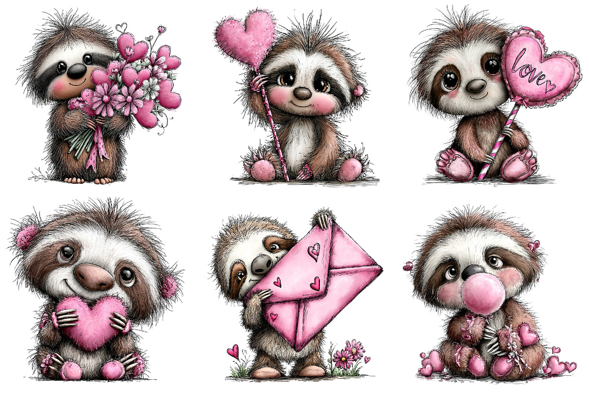 Valentine's Whimsical Sloth Clipart, an Illustration by Dream Creation (Photo 2 of 8)
