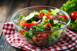 Fresh salad with vegetables in bowl, organic healthy food, a Food & Drink Photo by AlyaAnd