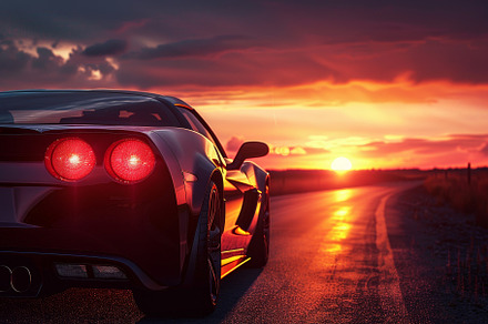 A black sports car is parked on a de, a Photo by Tanuart