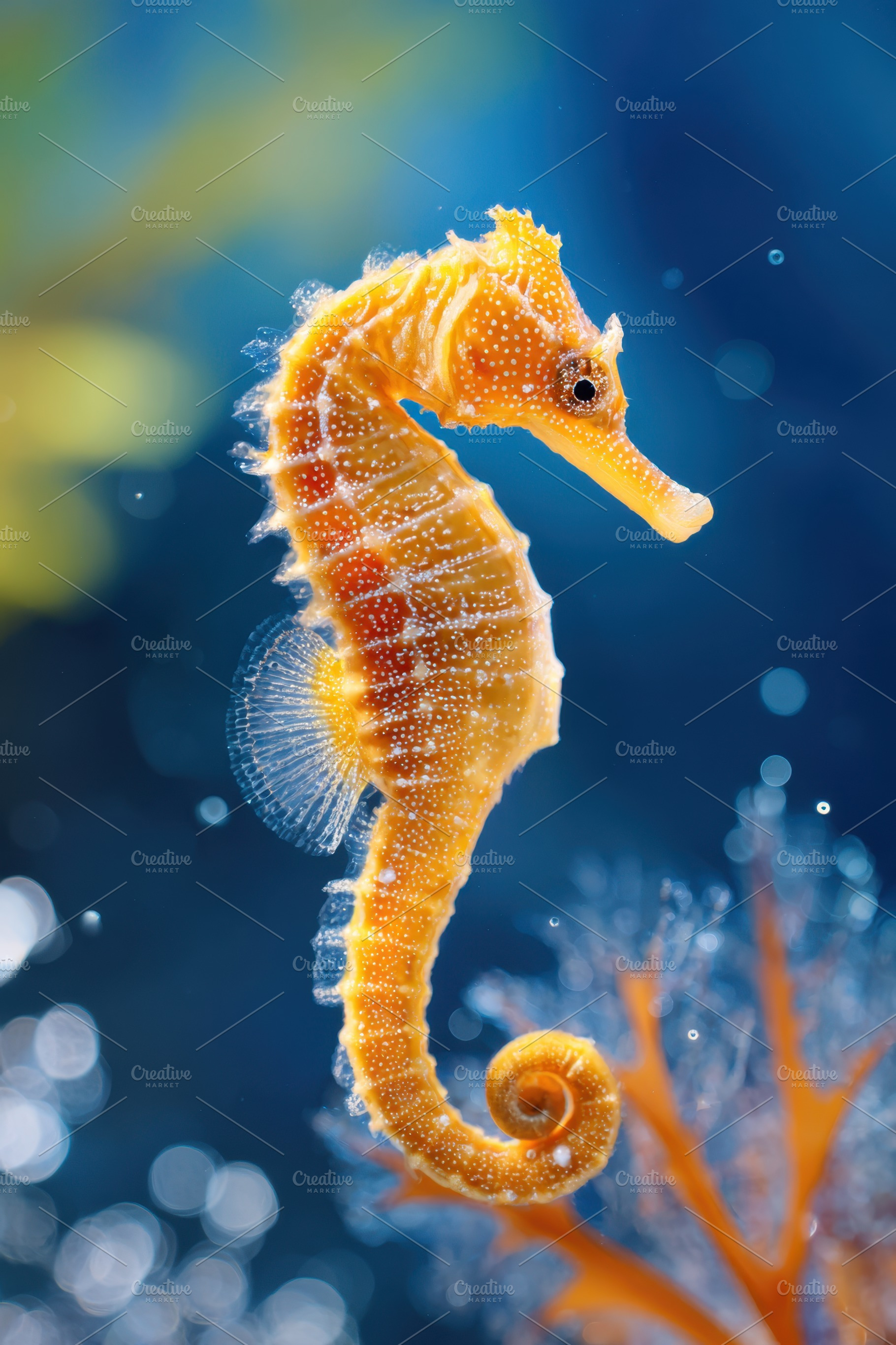 Vibrant seahorse in clear blue water, an Animal Photo by AlyaAnd