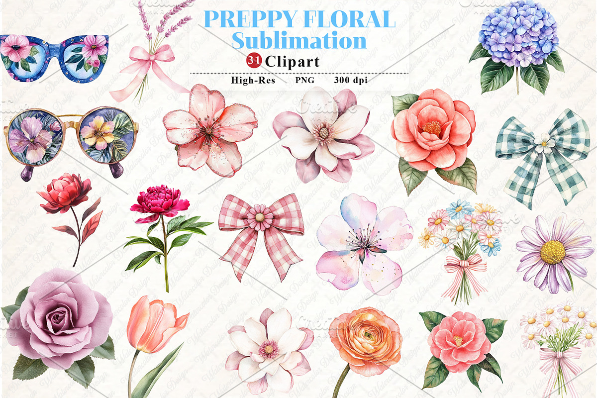 Watercolor Preppy Floral Clipart, an Illustration by Watercolor design (Photo 1 of 12)