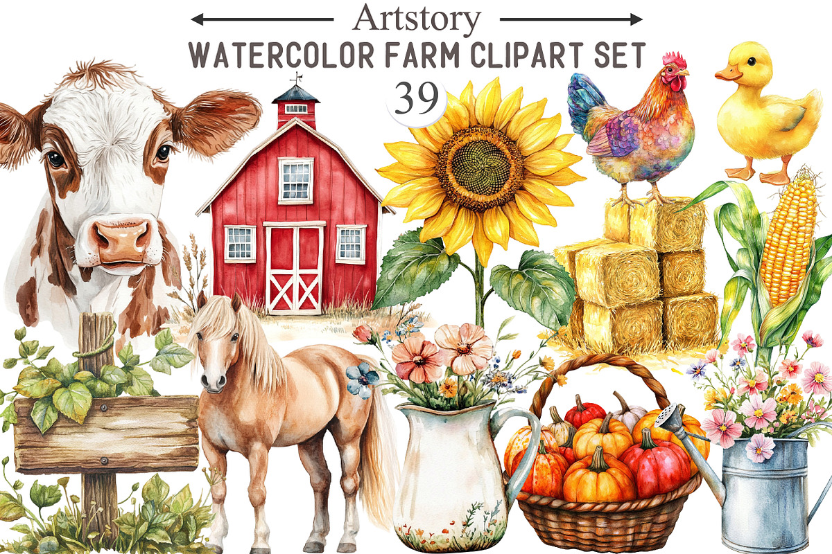 Watercolor Farm Clipart Set, an Illustration by designcity5 (Photo 1 of 5)