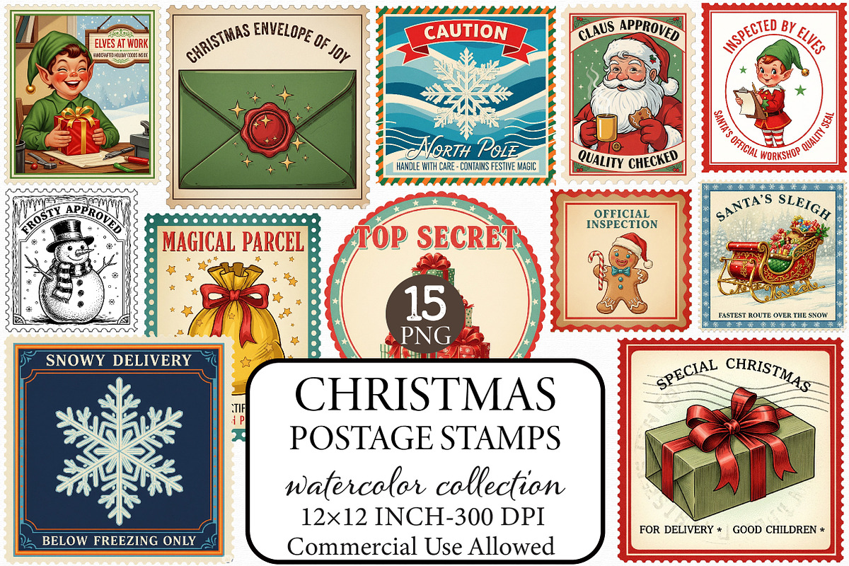 Vintage Christmas Postage Stamps PNG, an Illustration by Libby Wishes (Photo 1 of 4)