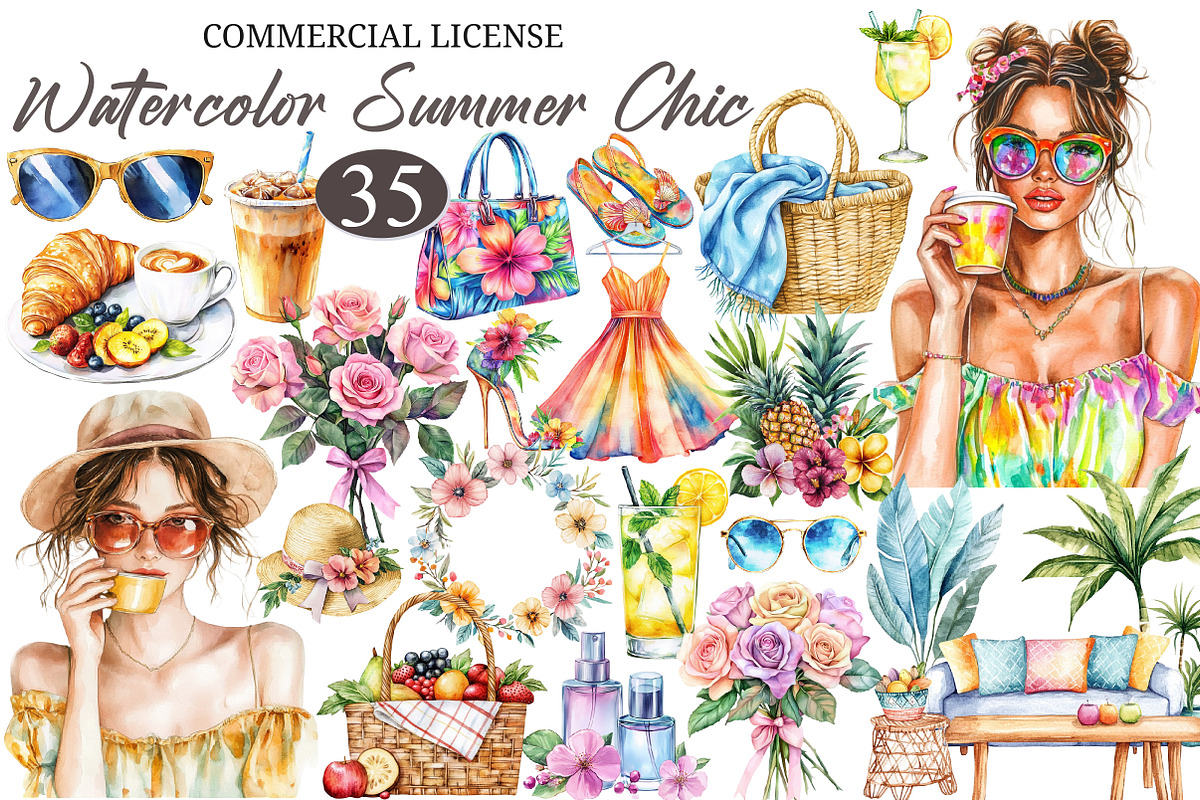 Watercolor Summer Chic Clipart, an Illustration by designcity5 (Photo 1 of 5)