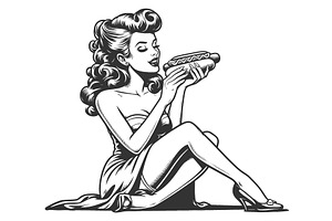 Retro Pin-Up Girl Enjoying A Hot Dog