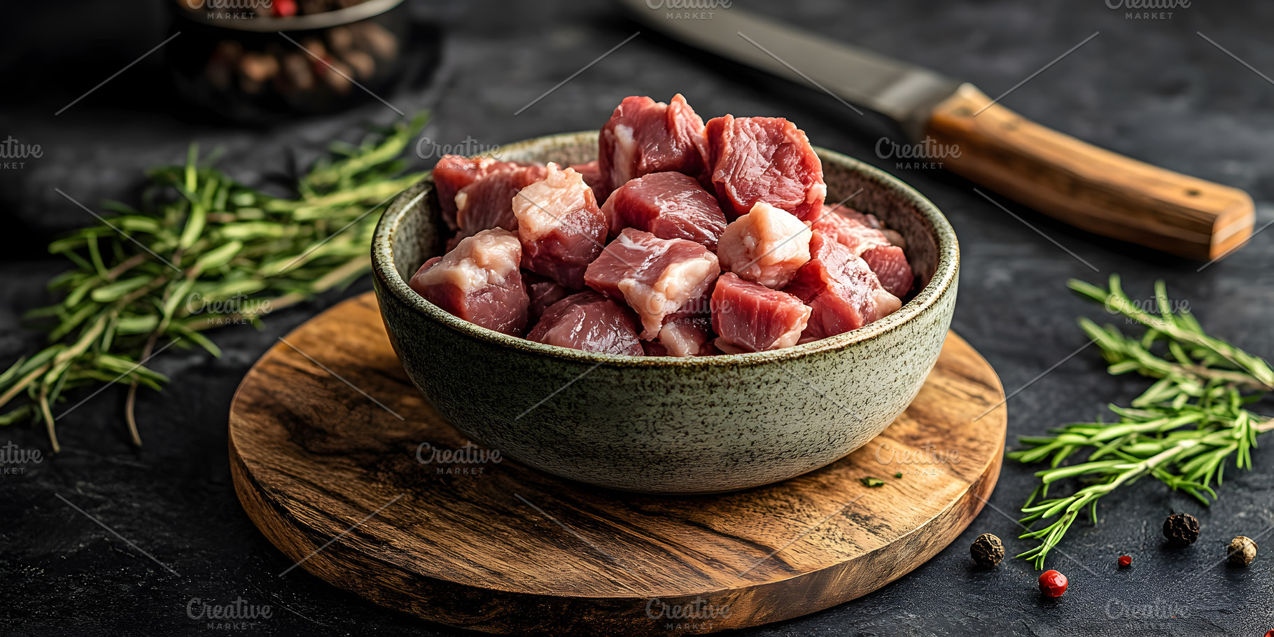 Raw beef cubes in ceramic bowl on da, a Food & Drink Photo by Photostock