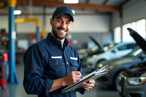 Smiling Mechanic Inspecting Car in A, a Transportation Photo by Stock Shape