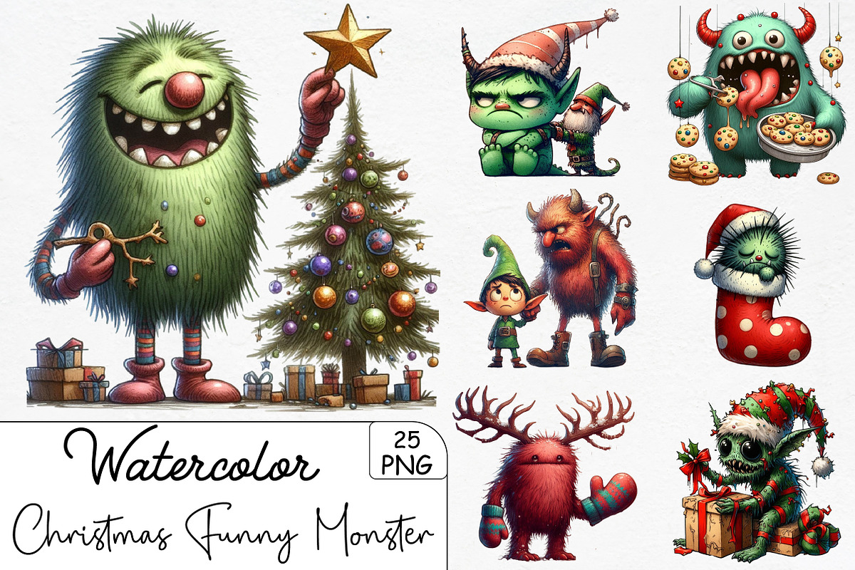 Christmas Funny Monster Clipart, an Illustration by CrexoraLab (Photo 1 of 5)