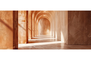 Sunlit terracotta hallway with, an Architecture Photo by piter.goskov