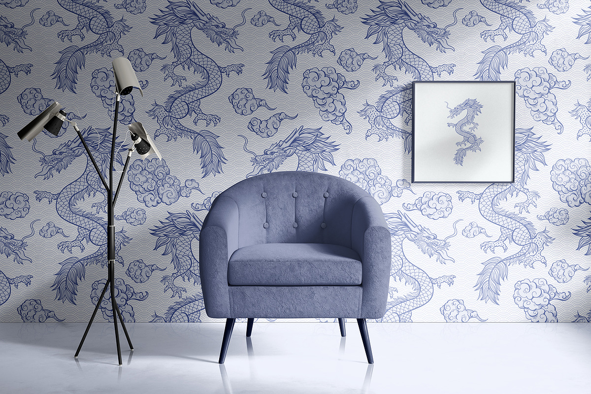 Pale Blue Chinese Dragon in Clouds, a Pattern Graphic by ilonitta (Photo 2 of 9)