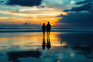beach sunset with couple silhouette, a Photo by Pavel_design