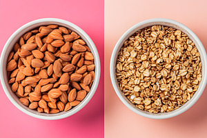 Almonds and granola in bowls on colo, a Food & Drink Photo by Photostock