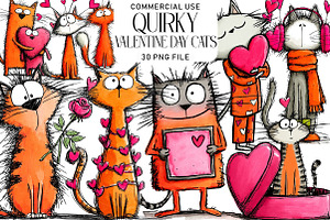 Quirky Valentine Day Cats Clipart, an Illustration by Daily.Designs