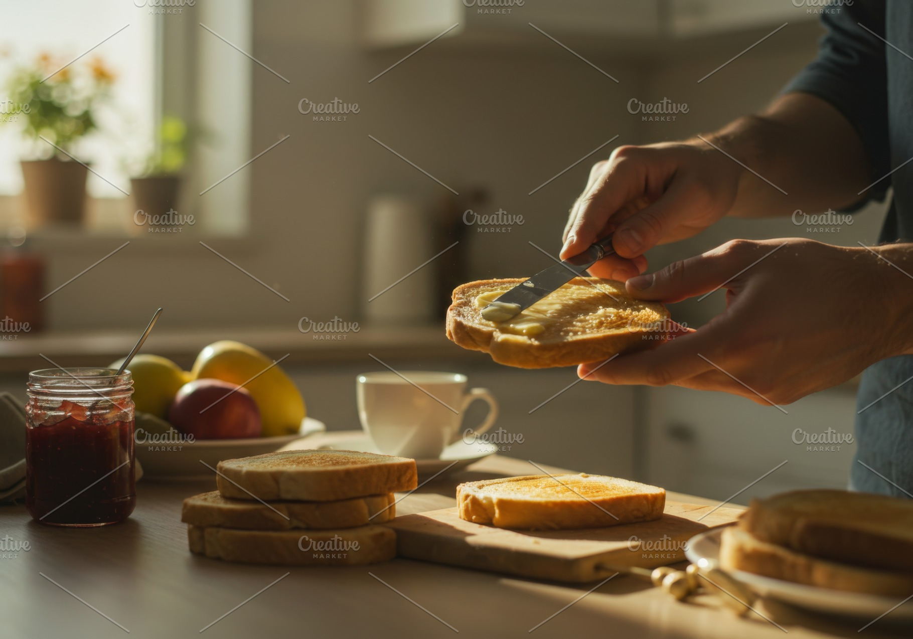 Man spreading butter on toast in a s, a Food & Drink Photo by professorinc