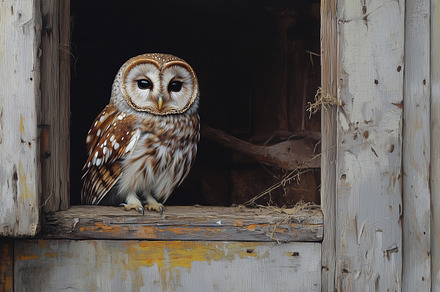 Owl sits in open barn window, an Animal Photo by MistyDay