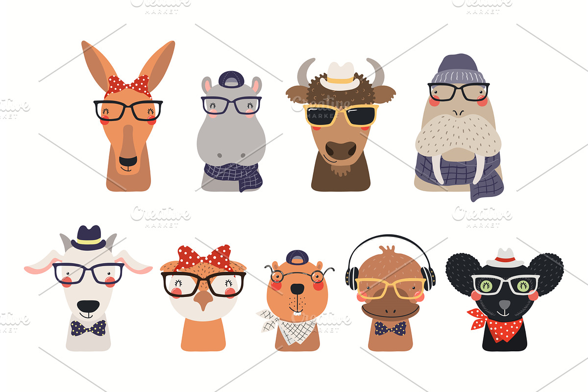 Cute hipster animals set, an Animal Illustration by sceptical cactus