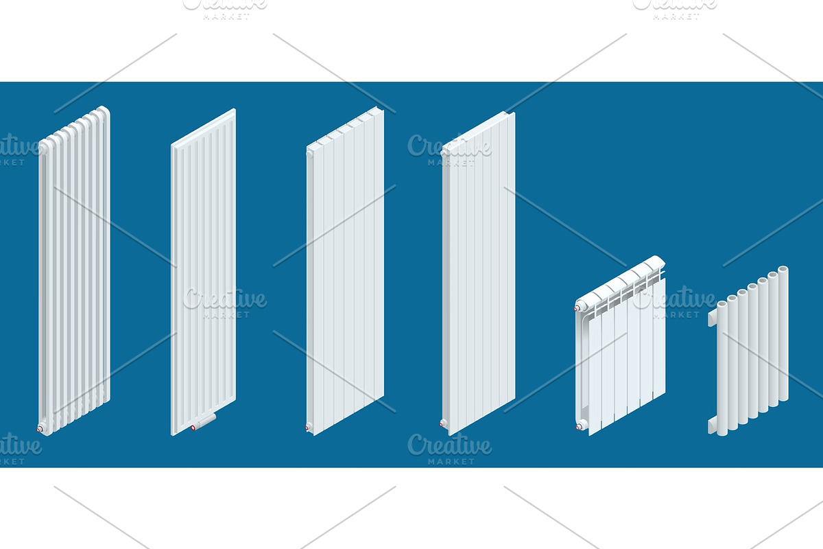 Isometric white vertical Heaters or Radiators. Home climate equipment ...