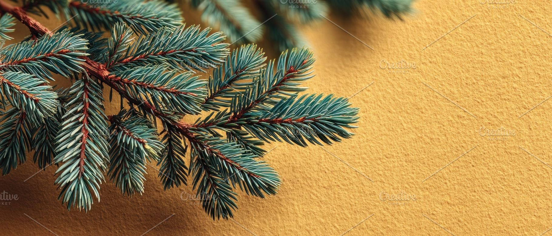 Blue spruce fir tree branch on textured yellow paper background, a Holiday Photo by José Manuel Gelpi