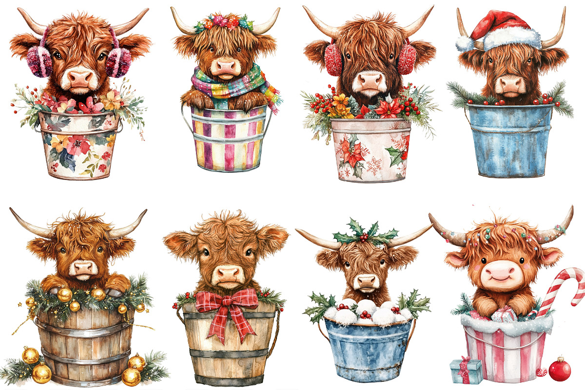 Christmas Highland Cows in Bucket, an Illustration by Designking (Photo 3 of 4)