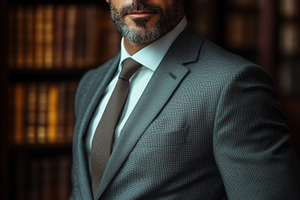 A confident international lawyer man in a tailored suit and glasses stands in a, a Person Photo by Textures & Backgrounds