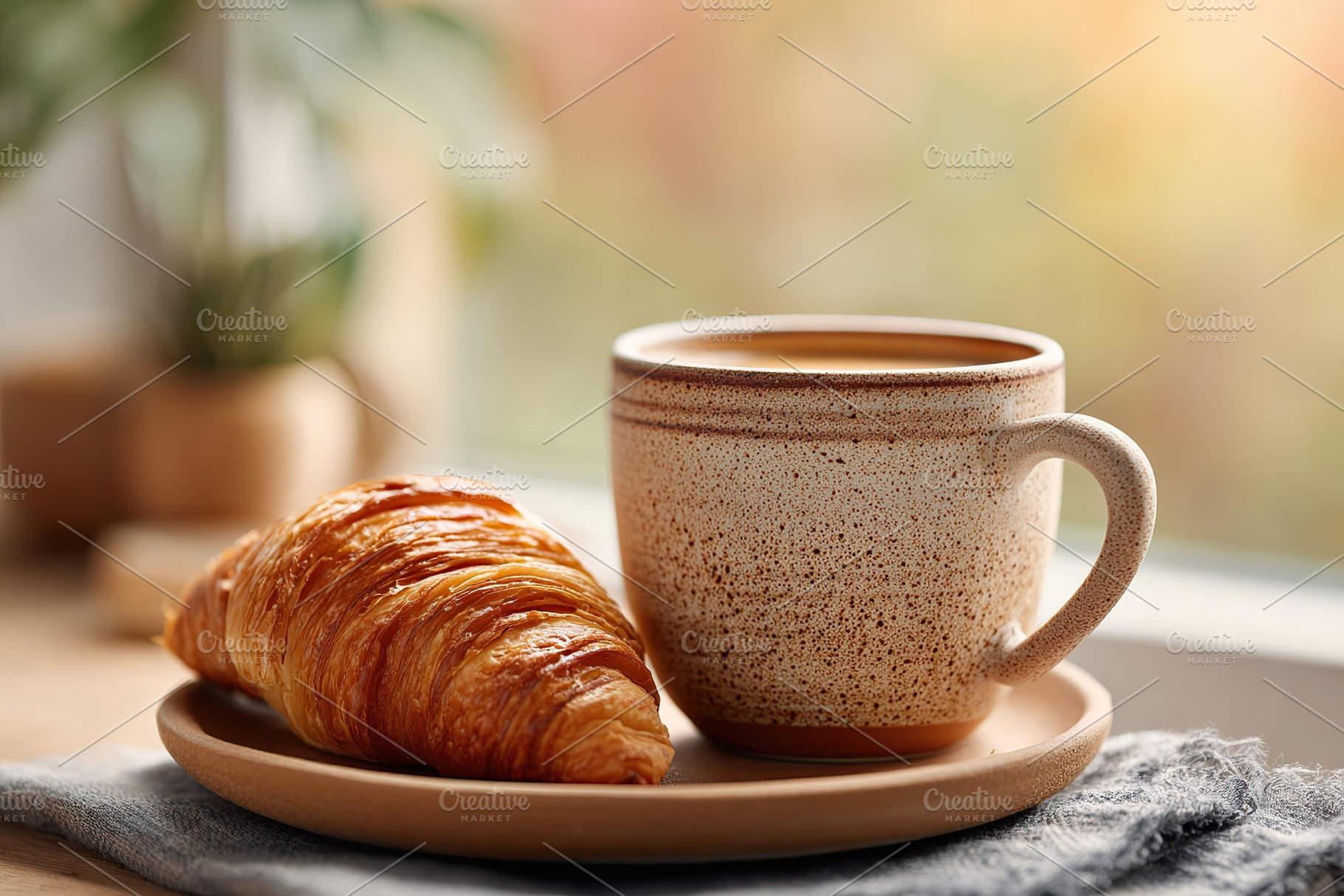 Breakfast with fine ceramic cup and croissant near window on a sunny morning, a Photo by AlyaAnd